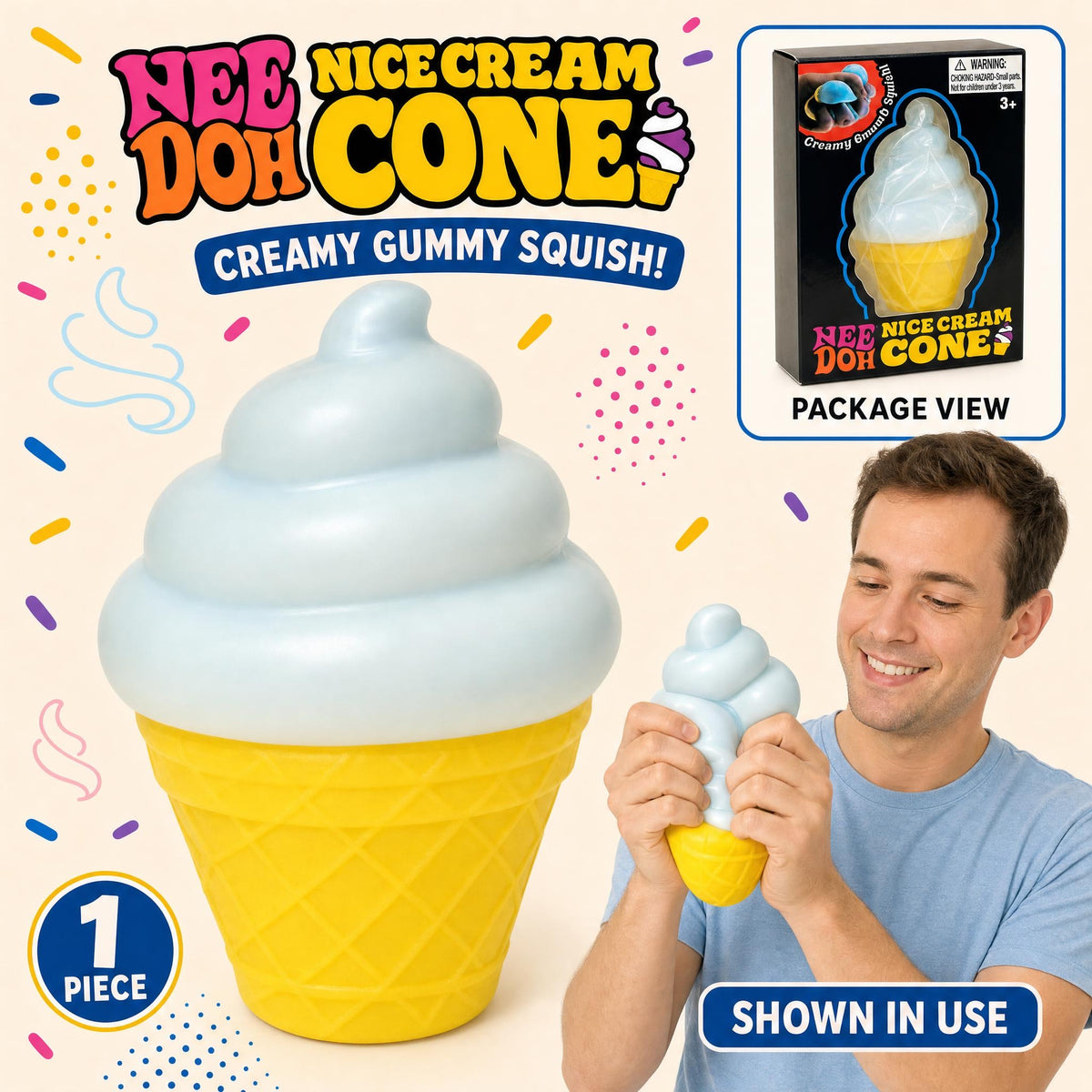 Nee Doh Nice Cream Cone squishy – creamy gummy squish ice cream cone stress toy, shown in use