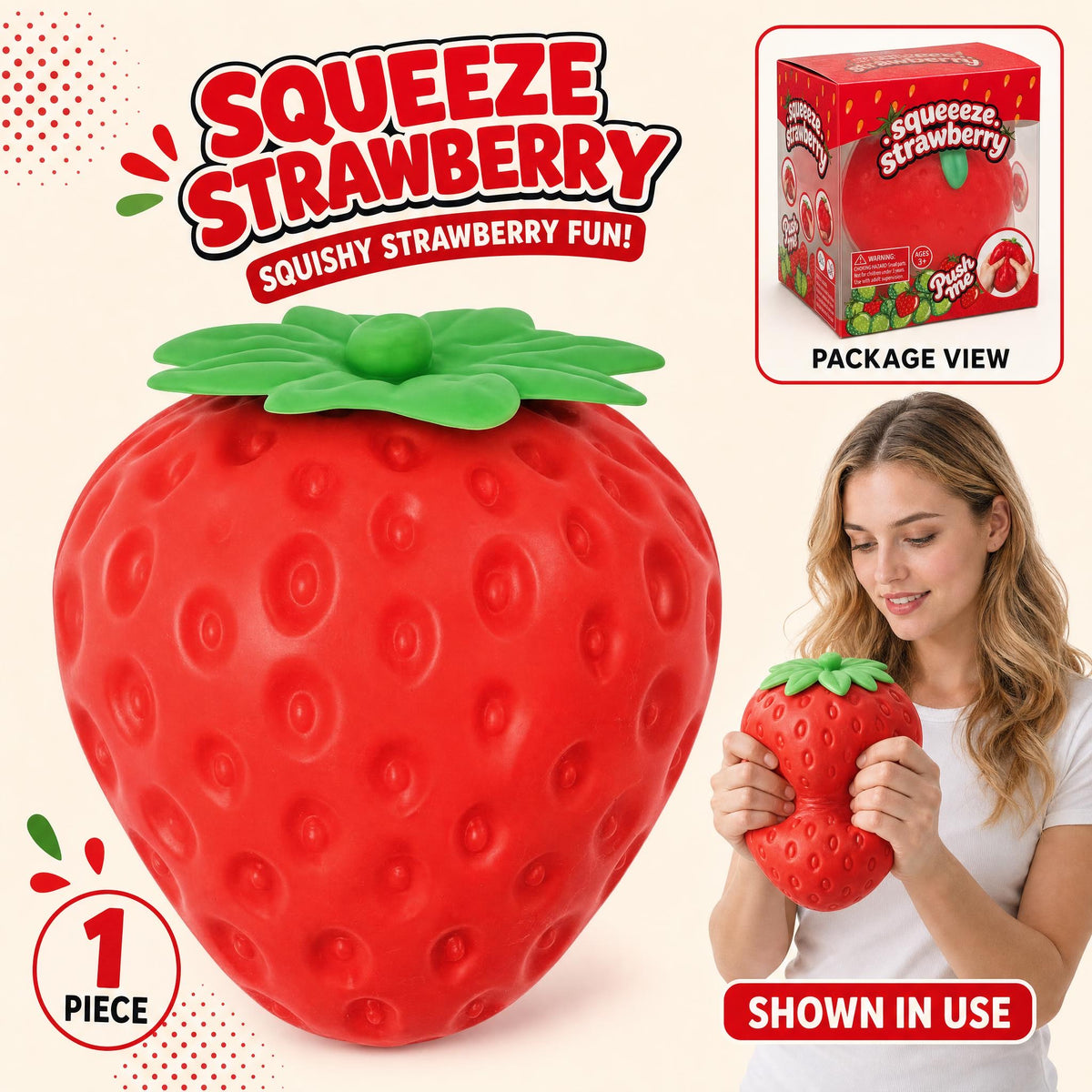 Jumbo Squeeze Strawberry squishy – giant red stress ball strawberry with green leaf top, shown in use