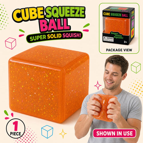Cube Squeeze Ball – orange glitter super solid squish stress ball fidget toy, shown in use