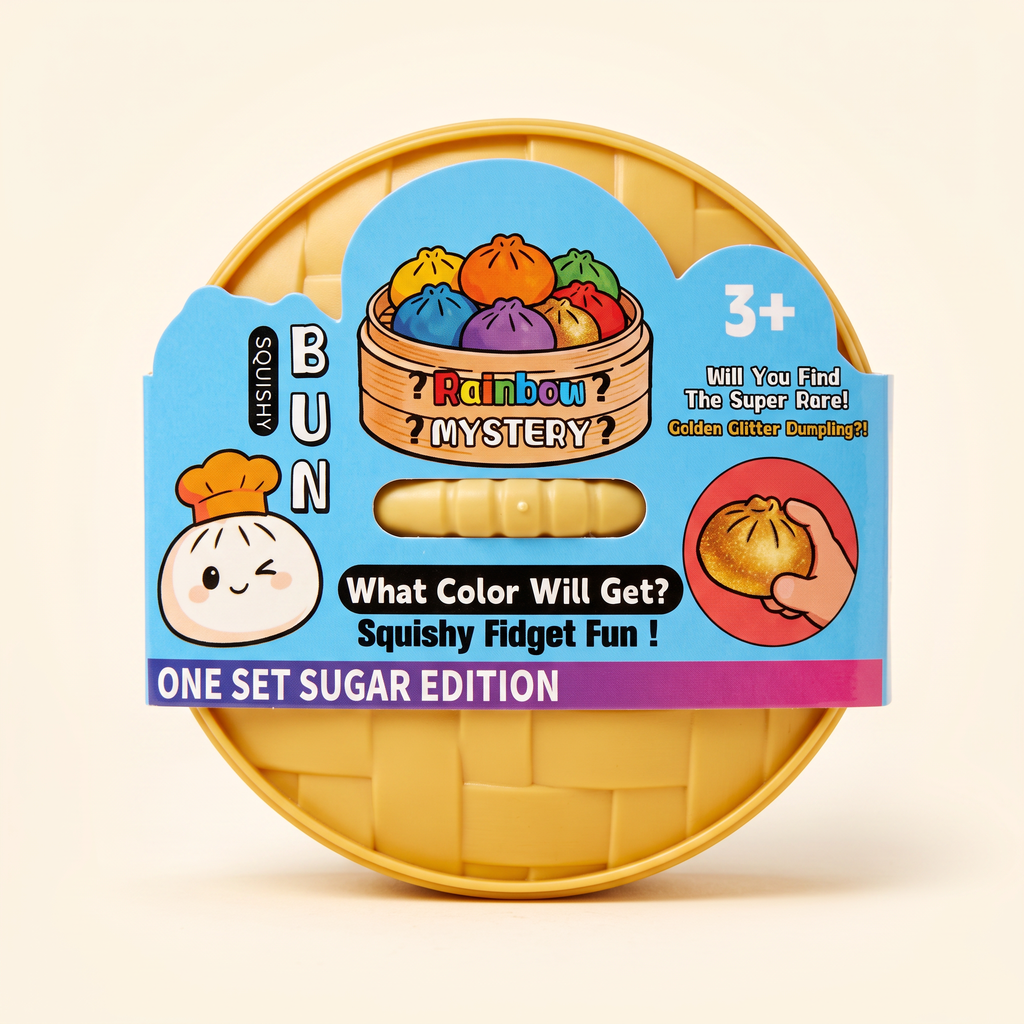 Viral mystery squishy dumpling blind box – yellow steamer basket with rainbow mystery card, single